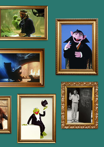 collection of randomly placed gold picture frames with images of Jim Henson and puppets